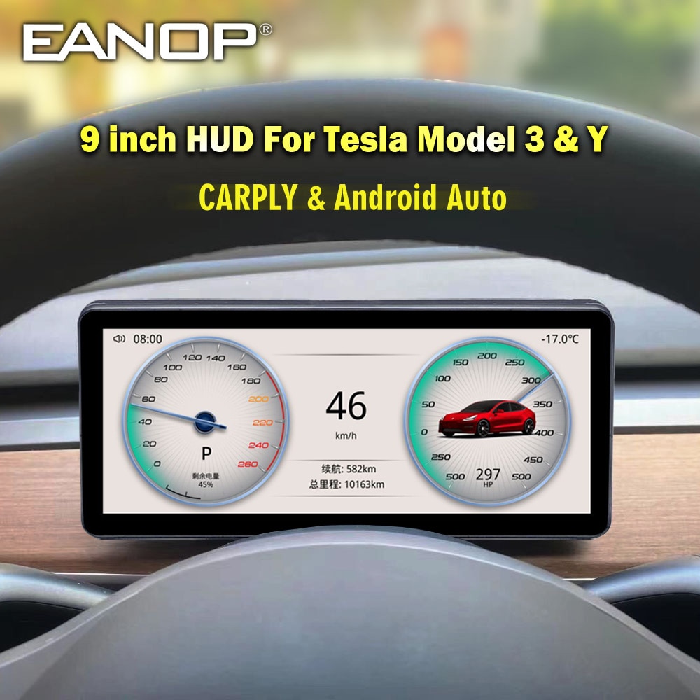 9' Touch Digital HUD Instrument Performance Media Player for Tesla Model 3 Y Support Wireless Carplay Android Auto Navigati