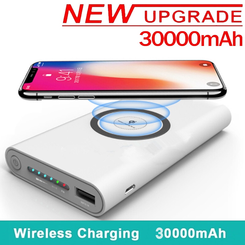 30000mAh Wireless Charging Power Bank Portable Charging 2 USB Phone External Battery Charger Poverbank for iphone and Android