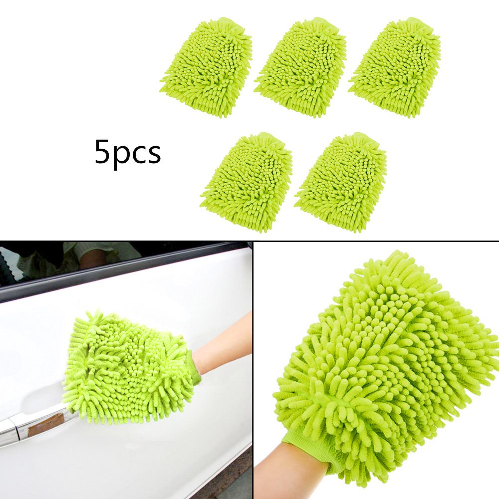 5pcs Green Soft Comfortable Car Washing Mitt Strong Absorption Chenille Cleaning Gloves Easy to Dry Car Dust Remove Tool