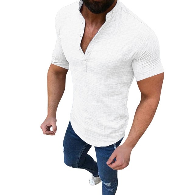 Men Cotton Linen Shirts Casual Loose Blouse Button Short Sleeve T-shirt Clothes 2021