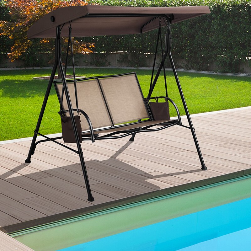 2 Seat Patio Porch Swing Water Resistant Canopy Adjustable Canopy Storage Pockets Triangular Thick Steel Frame Patio Swings