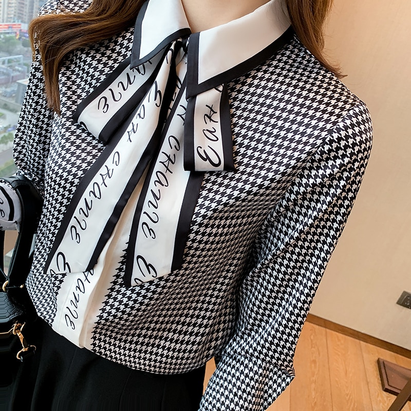 Satin Shirt Women Blouse Long Sleeve Casual Splicing Bow Tie Summer New Korean Fashion Loose Top