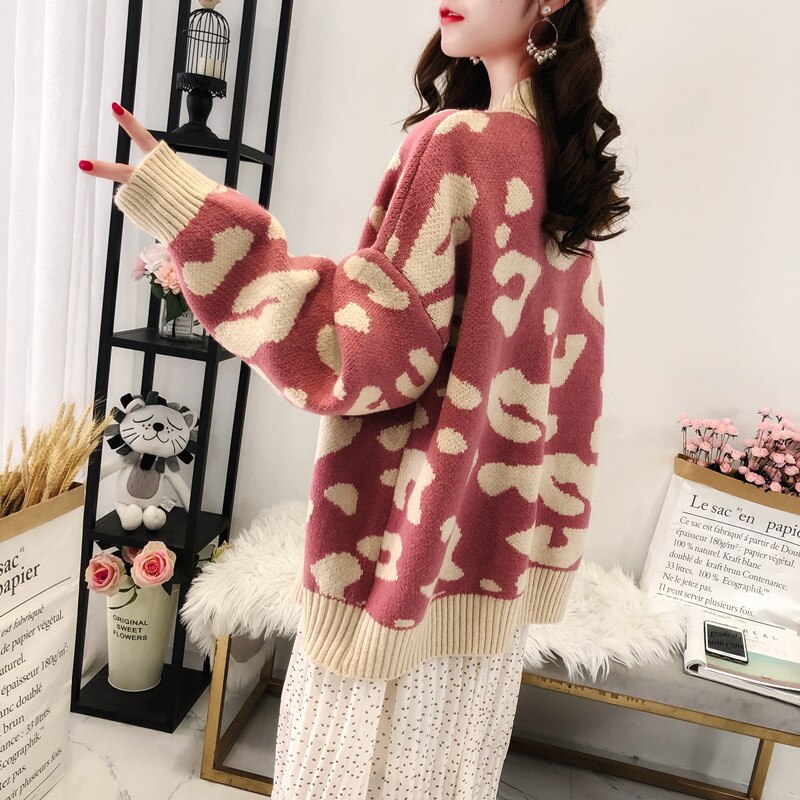 Knitted Cardigan Casual Autumn/winter Korean Harajuku Style Leopard Print Loose Knit Jacket All-match Women Wm*