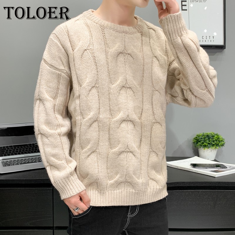 Fashion Men's Twist Knit Sweater Solid Color Loose Pullover Round Collar Comfortable Harajuku Long Sleeve Top Male Autumn W