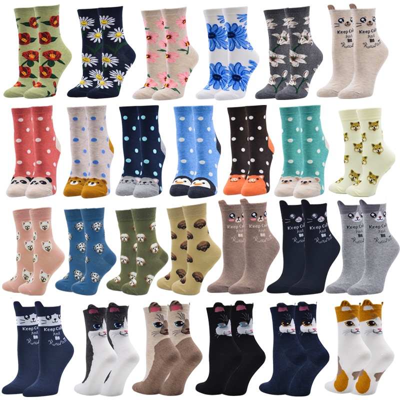 New Women's Socks Harajuku Cotton Art Colorful Cartoon Cute Funny Kawaii Dot Cat Dog Fox Flower Sock for Girl Christmas Gif