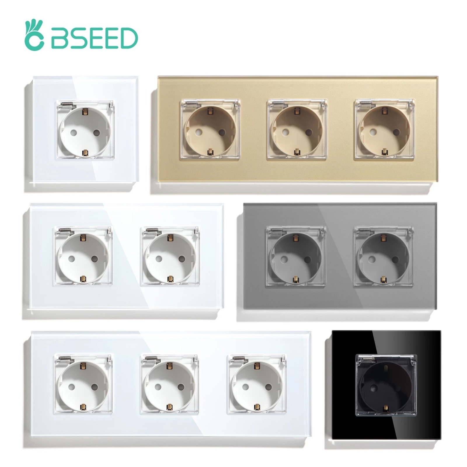 BSEED EU Standard Power Socket With Waterproof Cover Bathroom Electric Outlets 250V 16A Crystal Glass Wall Plugs 16A 250V