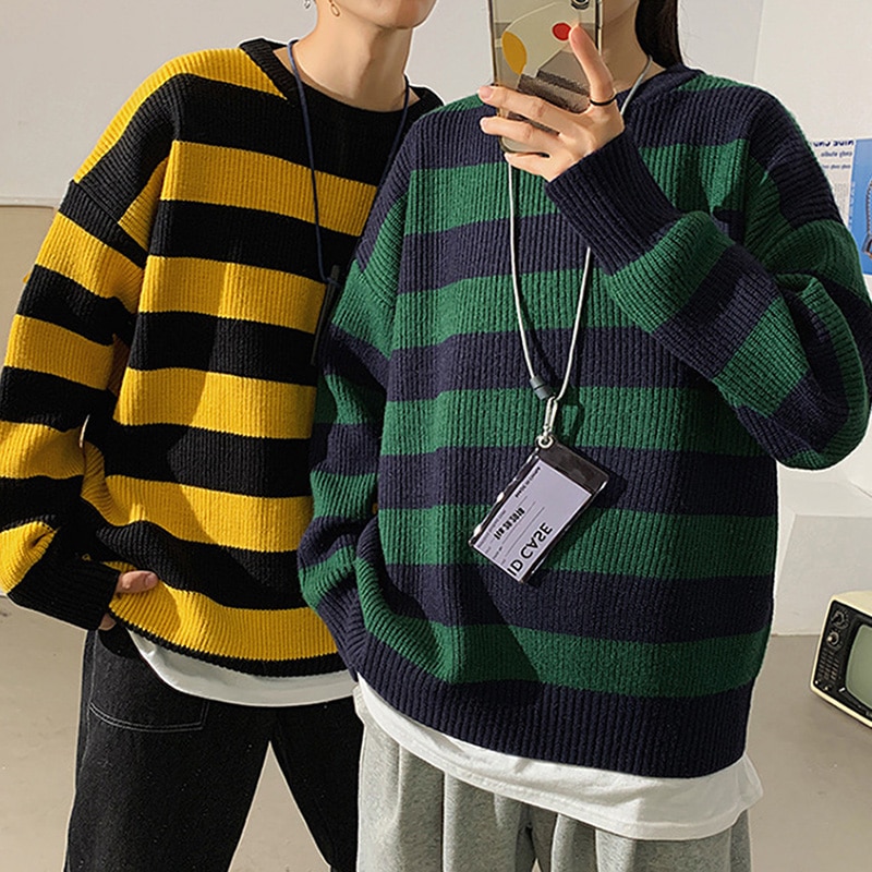 Autumn Winter Knitted Striped Sweater Women Casual Oversized Pullovers Sweaters Loose Warm Jumper Streetwear Teen Knitwear
