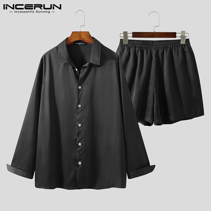 INCERUN Stylish Men Suit 2 Pieces Sexy Leisure Comfortable Homewear Glossy Satin Long Sleeve Shirt Shorts Pajama Sets S-5XL 2021