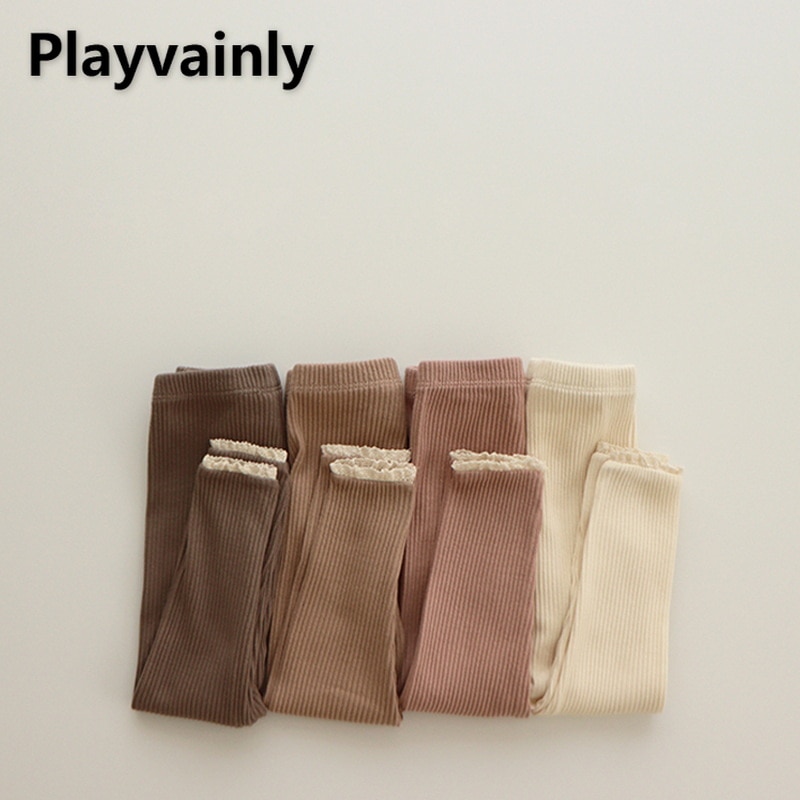2021 Korean Style New Autumn Kids Girls Leggings Solid Color Elastic Waffle Lace Tights Trousers Children Casual Pants E1255