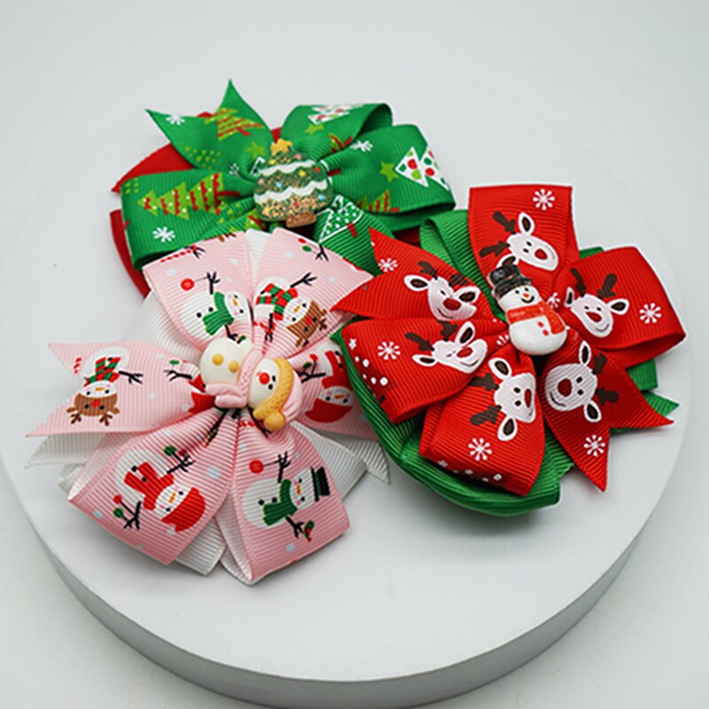 Christmas Children's Printed Bowknot Hair Clips Cute Cartoon Pattern Ribbon Bows Baby Hairpins Infant Headwear Holiday Gift