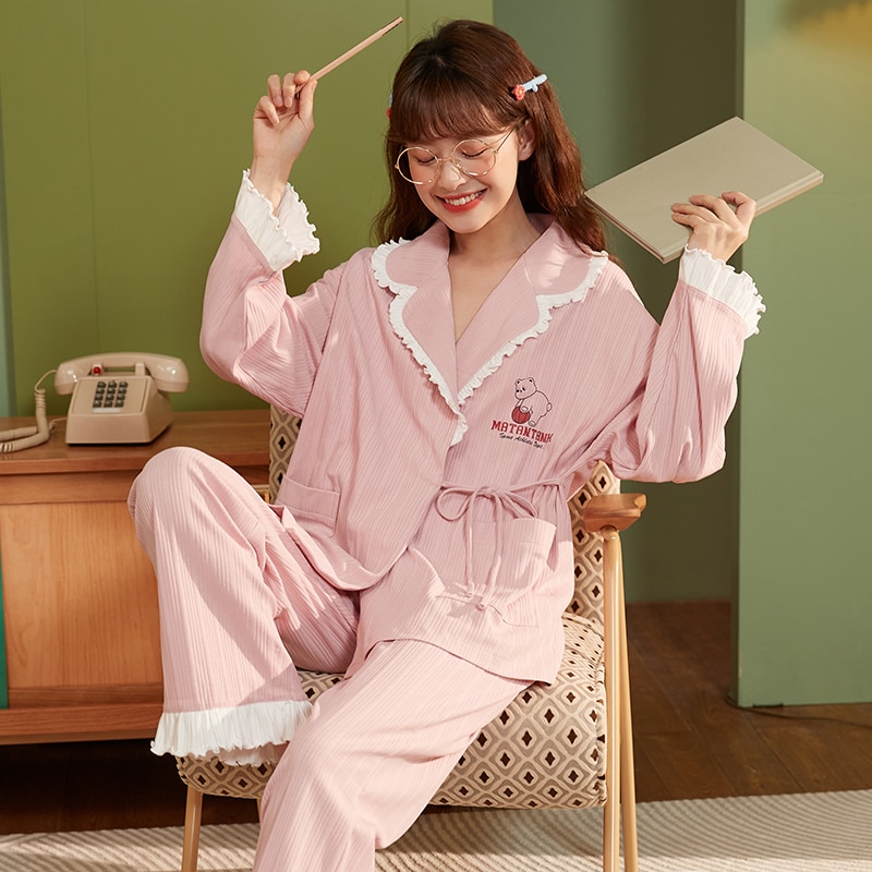 Women Kimono Pajamas Set Lolita Princess Style Pijama Mujer Long Sleeve 2 Pieces Home Clothes Cute Tops And Trousers Nightwear