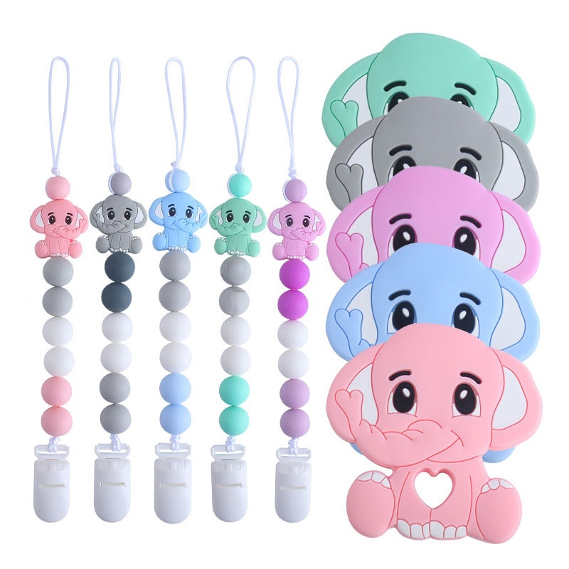 Baby Pacifier Chain Rattles Set Animal Elephant Baby Teether Silicone Pacifier Clips Holder Chain BPA Free Nursing Newborn Gifts