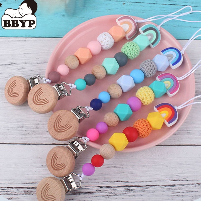Baby Pacifier Clip Rainbow Style Silicone Beads Teething Pacifier Chain Holder Baby Teething Soother Chew Toy