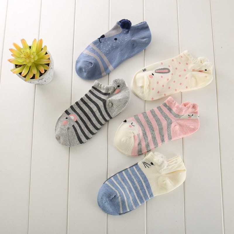 5 Pairs Women Ankle Socks Funny Cute Cartoon Stereoscopic Animals Ear Plush Boat Socks Womens Girl Art Sock Meias winter socks