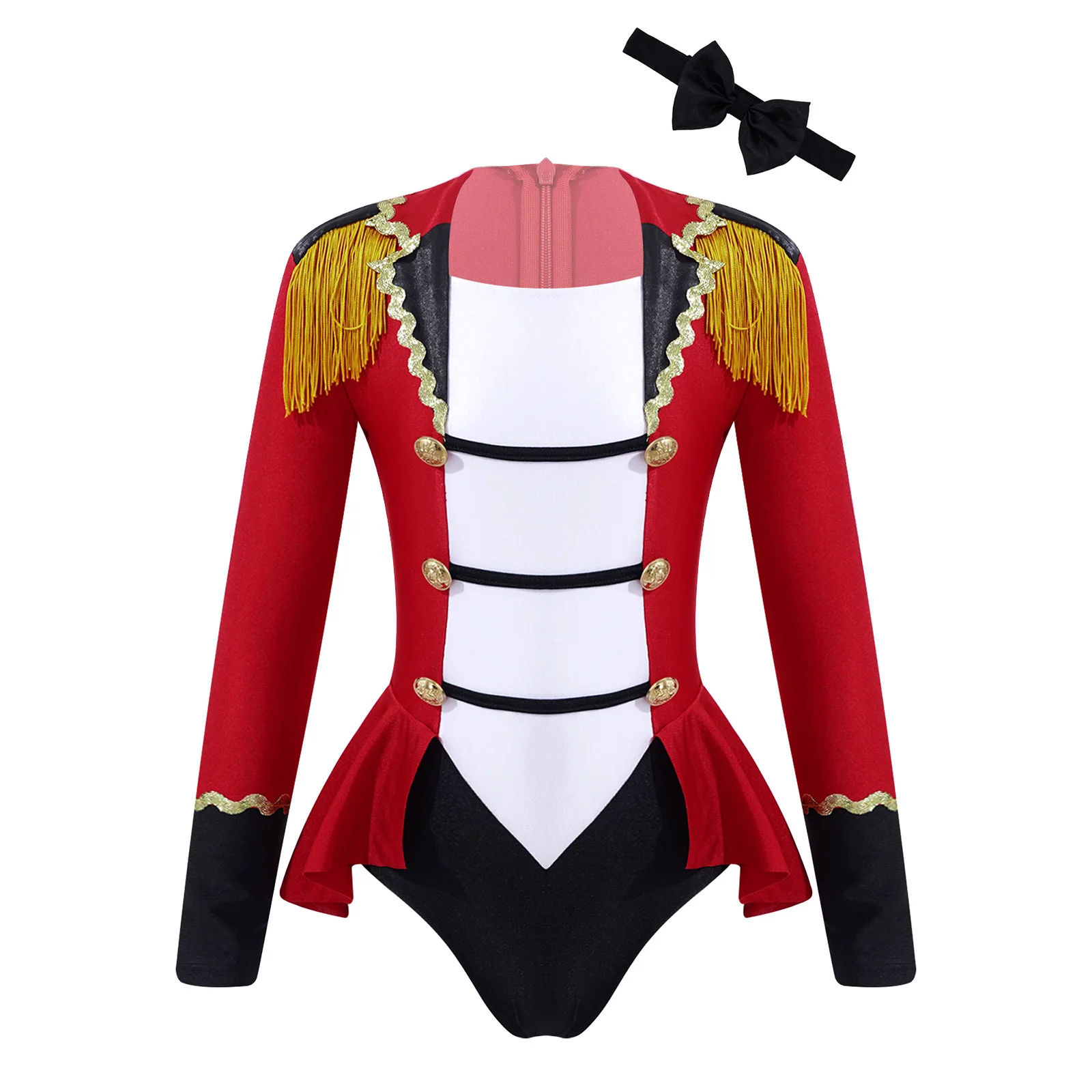 Kids Girls Circus Costume Long Sleeves Patchwork Tassel Cosplay Jumpsuit with Tie Child Halloween Christmas Fancy Dress Set