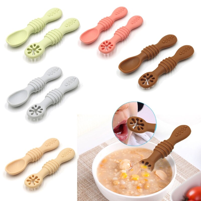 2 Pcs Newborn Toddler Tableware Baby Silicone Spoons Learning Feeding Scoop Training Utensils hot
