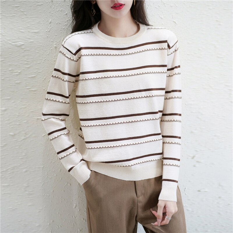 Room 211426, row 4, No. 5 lower] real shot crew neck striped Pullover Sweater [1637] 34