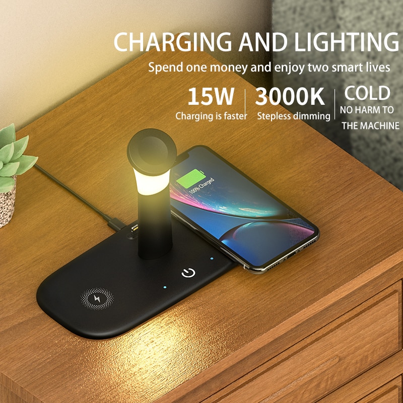 New 15W 4 in 1 Wireless Charger for Iphone 13 12 mini Iwatch Samsung Galaxy S21/S20 Watch 3/Gear S3 Wireless Charger Table Lamp