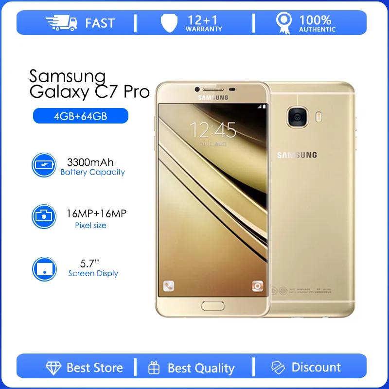 Samsung Galaxy C7 Pro C7010 Refurbished-Original Fingerprint Unlocked Android Wi-Fi 16MP 5.7' 64GB 4GB RAM Free Shipping
