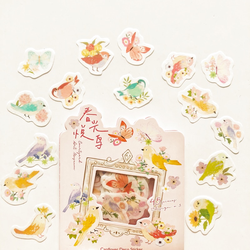 45 pcs /Pack Pink Style Garden Birds and Butterfly Paper DIY Decoration Stickers Stick Label