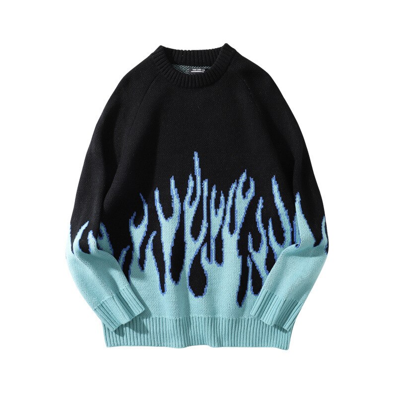 2021 Kpop Jumper Knitted Sweater Men Harajuku Hip Hop Blue Flame Casual Oversized Pullovers Korean Fashion Clothing Pull Homme