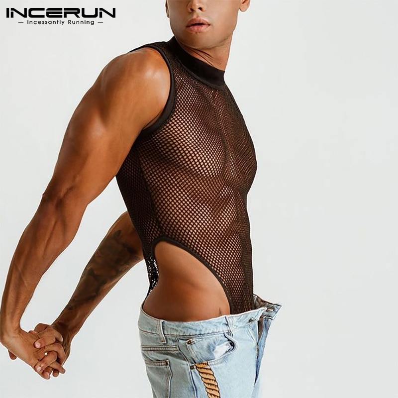 INCERUN Men's Stylish Sleeveless Bib Pants Breathable Mesh Sexy Leisure Bodysuits Comfortable Homewear Triangle Jumpsuit S-