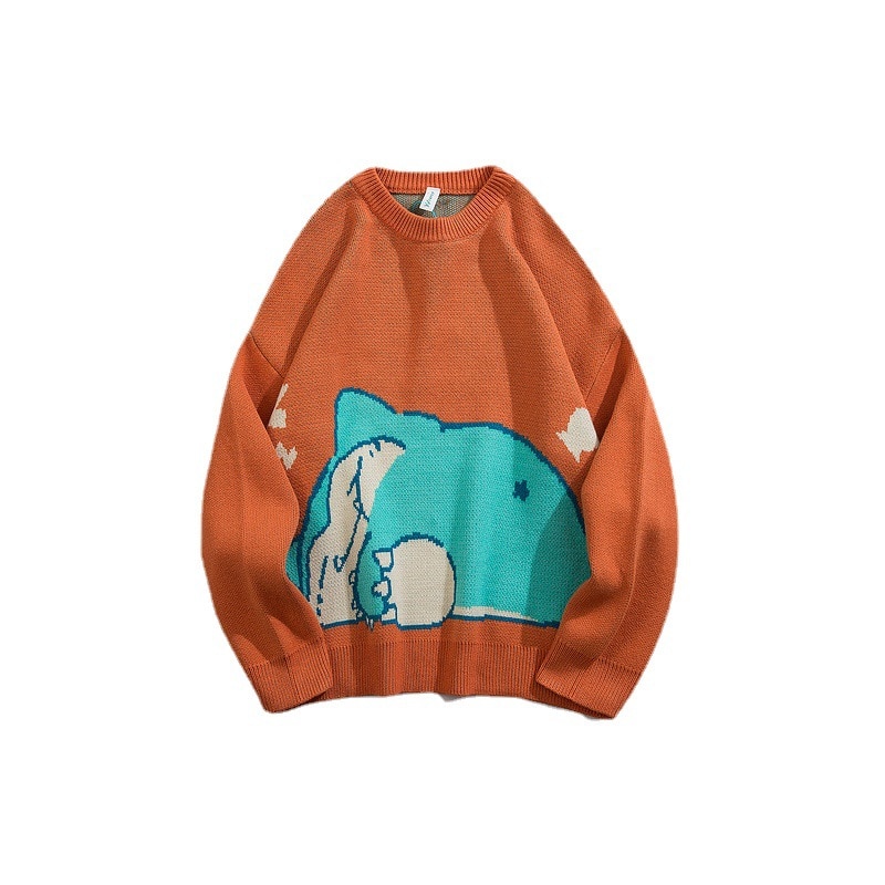 2021 Korean Fashion Orange Knitted Sweater Men Harajuku Cartoon Pokemon Print Casual Women Pullovers Gothic Clothes For Teens