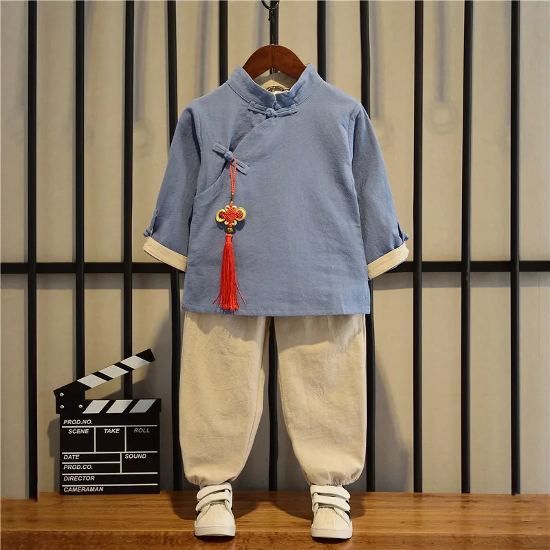 Children's Tang Suit Hanfu Suit Boy Spring And Autumn Chinese Style Baby Retro Costume Solid Color Traditional Clothing LC2