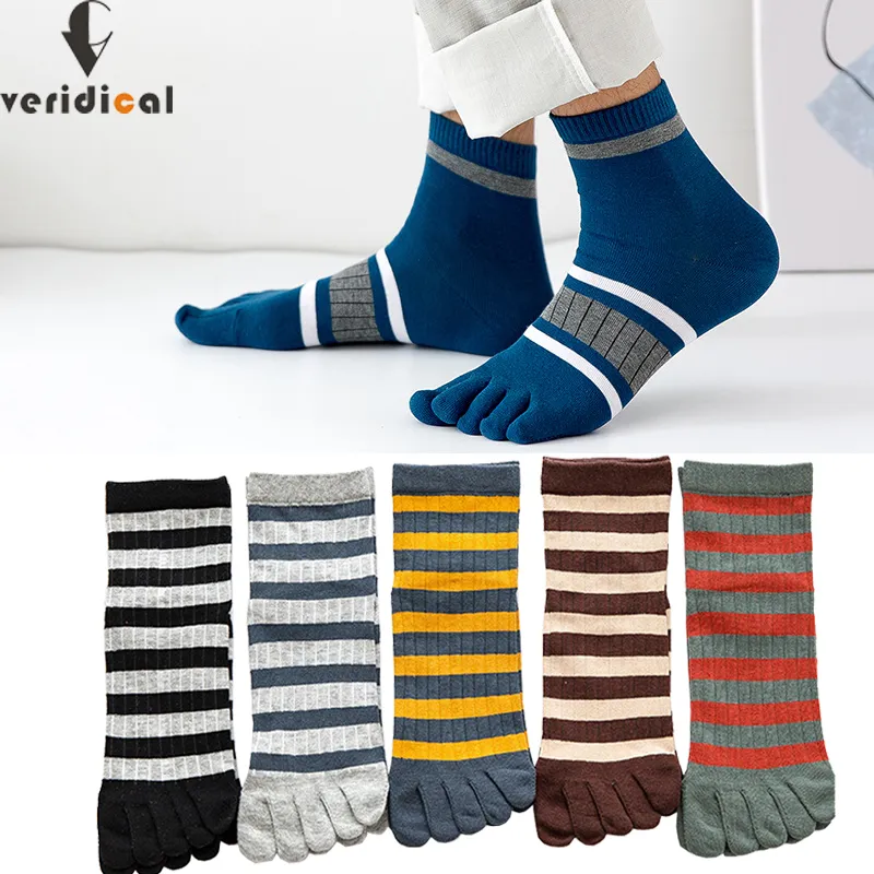 5 Pairs Mans Short Socks With Toes Pure Cotton Striped Business Young Street Fashion Colorful Five Finger Happy Socks Sokken