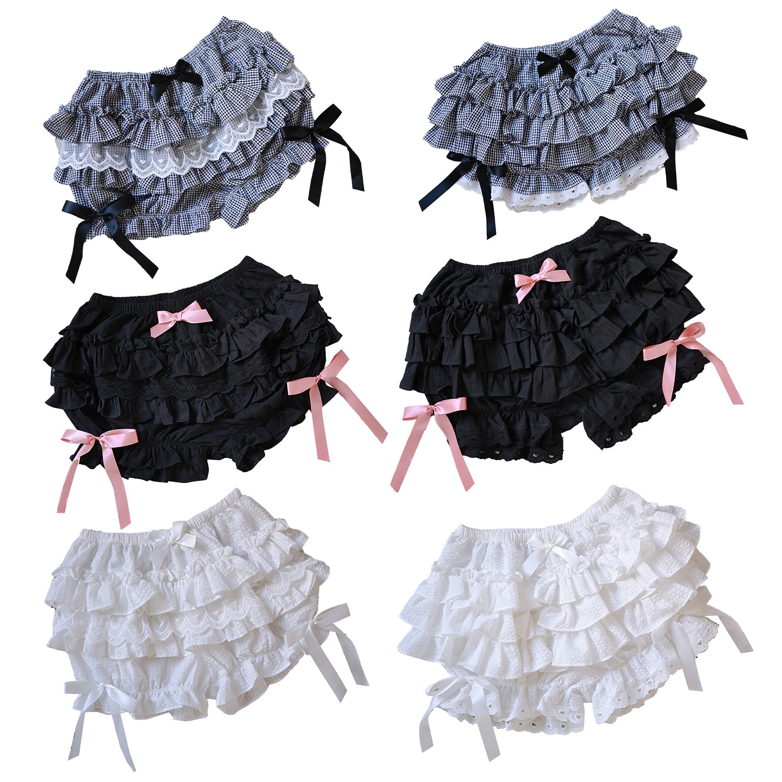 Womens Layered Ruffled Lace Trim Lolita Bloomers Shorts Mid Waist Bowknot Frilly Bloomers Gothic Pantaloons Victorian Cotume