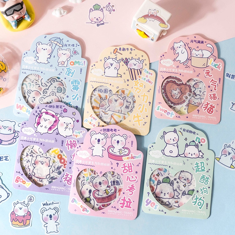 MOHAMM 30 PCS Washi Paper Kawaii Koala Cattle Cat Animal Cartoon Stickers for Diary Scrapbooking DIY Projects