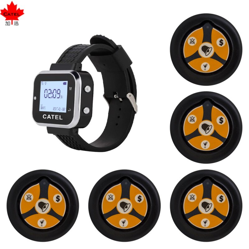 CATEL 5 Button 1 Watch Wireless Calling System Call Button Transmitter Paging Pager for Restaurant Waiter Service Bell Buzzer