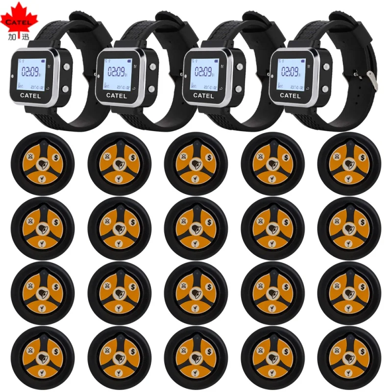 CATEL 20 Button 4 Watches Wireless Calling System Call Button Transmitter Paging Pager for Restaurant Waiter Service Bell Buzzer