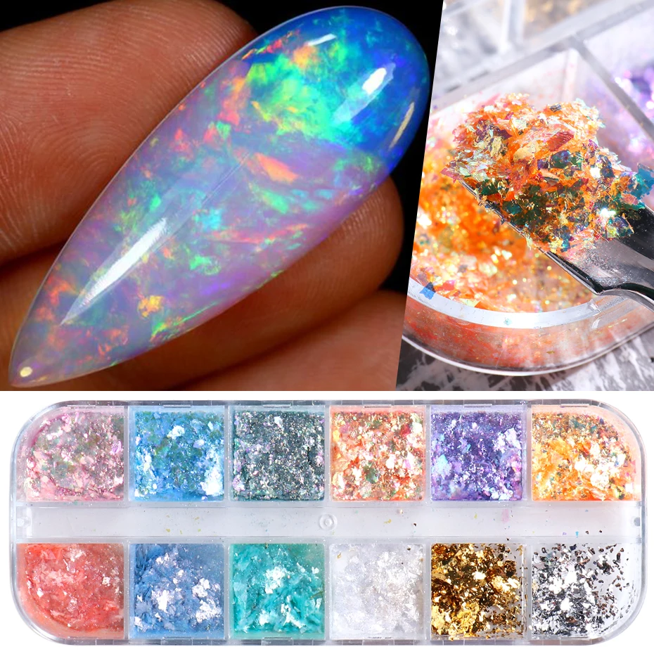 12 Color Fire Opal Nail Powder Flakes Aurora Glitter Sequins For Nails Sparkly Gel Polish Sticker 3D Manicure Accessories BEOBR