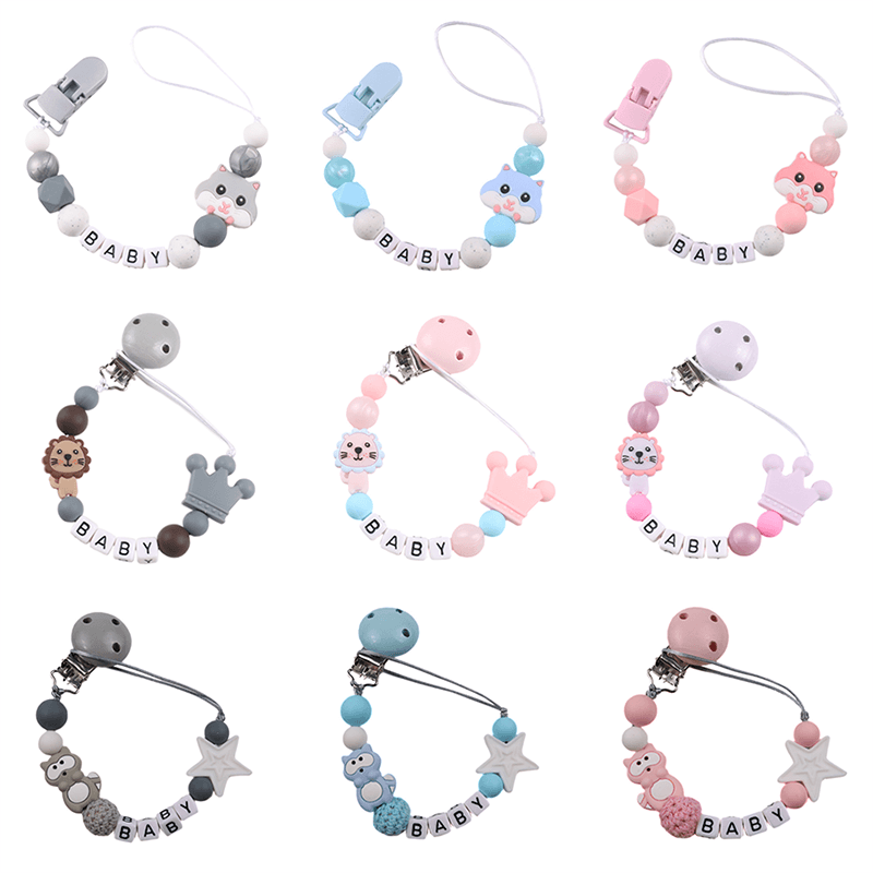 New Personalized Silicone Pacifier Chain Baby Name Custom Silicone Anti-Chain Drop Cartoon Animals Teether Molar Chain Chew Toy