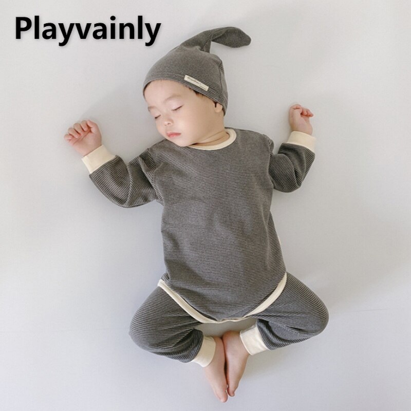 2021 New Autumn Kids Girls Boys Pajamas 3-pcs Sets Candy Color Long Sleeves Bodysuit+Leggings+Cap Newborn Cotton Clothes E0318