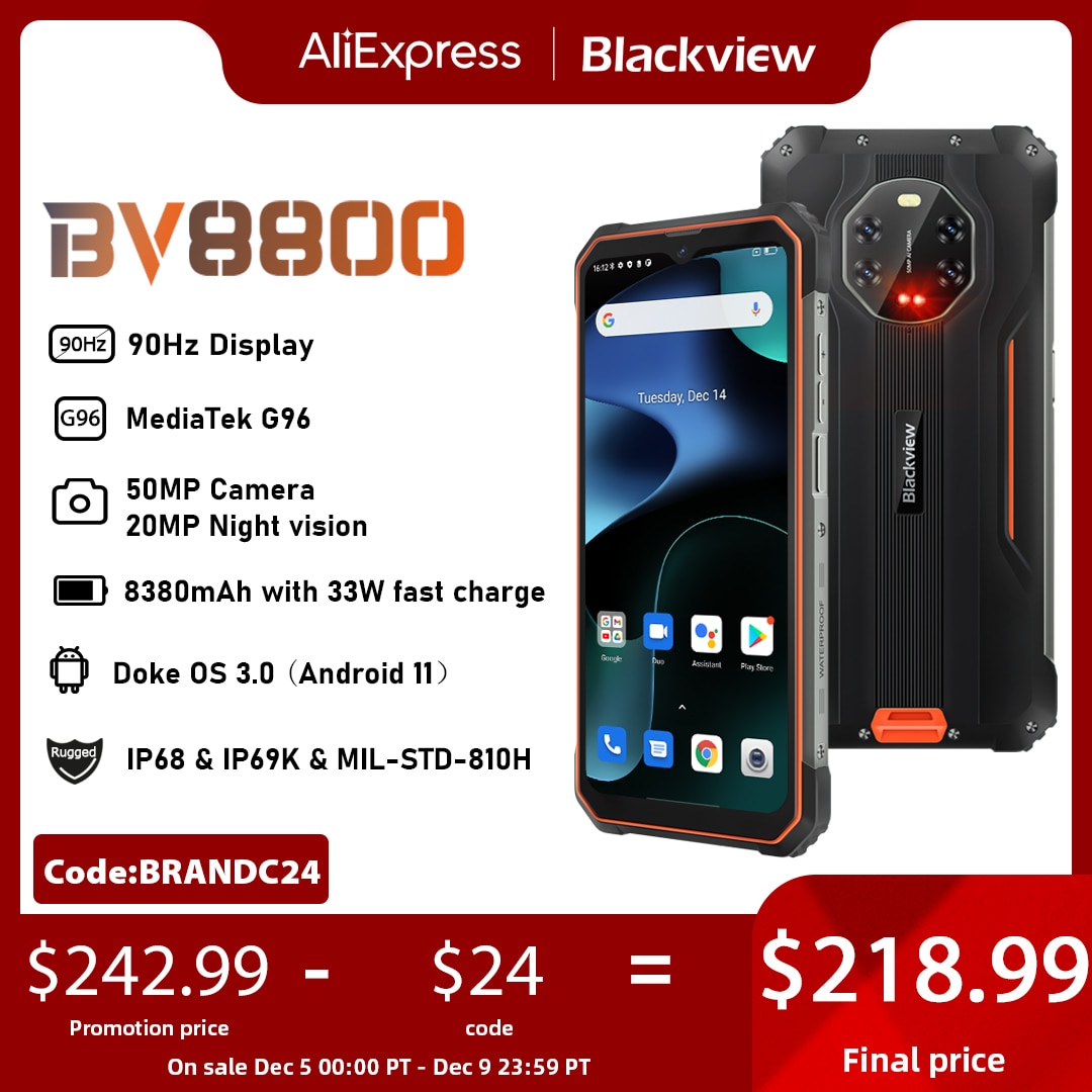 [In Stock] BLACKVIEW BV8800 Rugged Smartphone 90Hz Display 8GB+128GB Helio G96 8380mAh 50MP Camera Mobile Phone Global Version