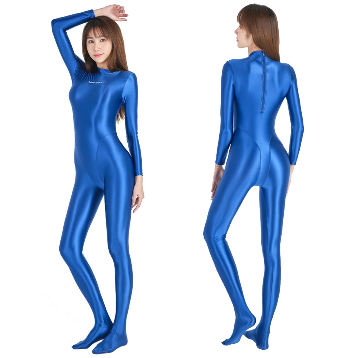 AMORESY Sexy Shiny Bodysuit Full Length Oil Smooth Running Overalls Yoga Zentai Suits Casual Sport Tights Jumpsuits Catsuits