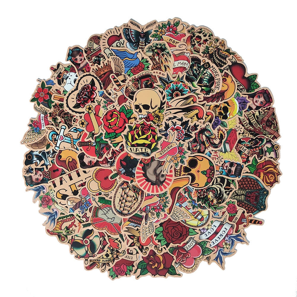 50/100Pcs Retro Color Tattoos Style Stickers Goth Punk Style Graffiti Sticker Refrigerator Skateboard Trolley Case Guitar Decals