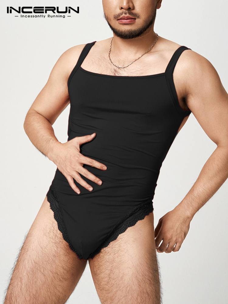 Men Bodysuits Lace Patchwork Sexy Sleeveless Pajamas Cozy Fitness Backless Underwear 2023 Men Bodysuit Homewear S-5XL INCERUN
