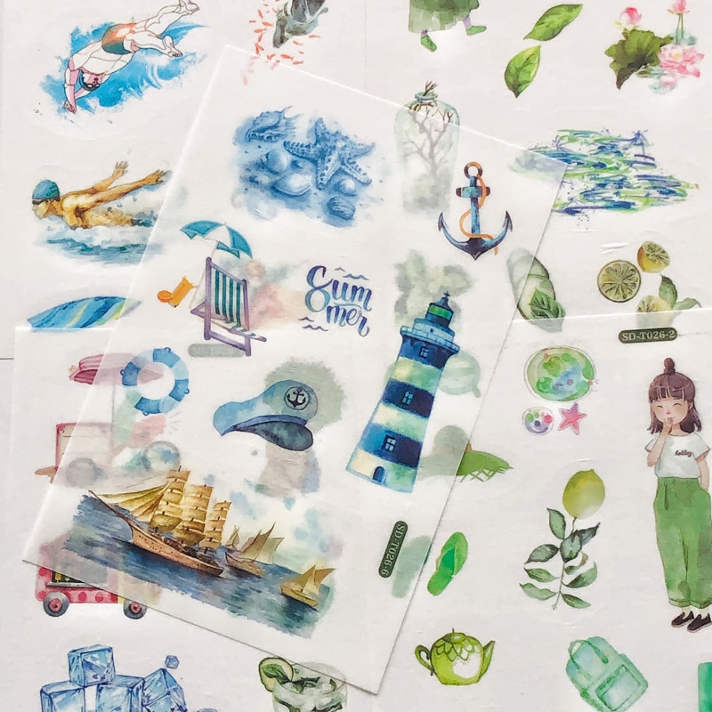 6 Sheets/Pack Cool Summer Style Blue Green DIY Paper Stickers Decoration for Journal Diary Handbook