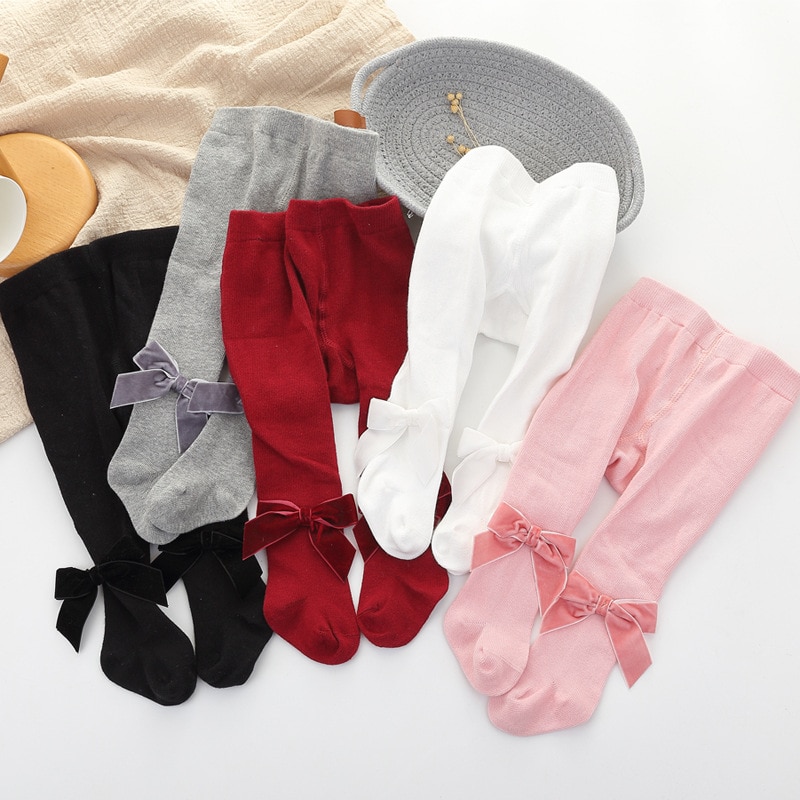 Cute Velvet Bowknot Tights for Girls Cotton Newborn Infant Baby Girls Tights Big Bow Pure Color Children Pantyhose 0-3 Yrs