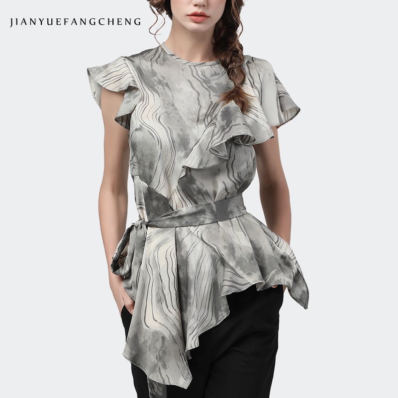 Fashion Flying Sleeve Ruffles Satin Top Gray Irregular Print Womens Blouse Spring Summer Belt Lace-Up Elegant Slim Plus Size Top
