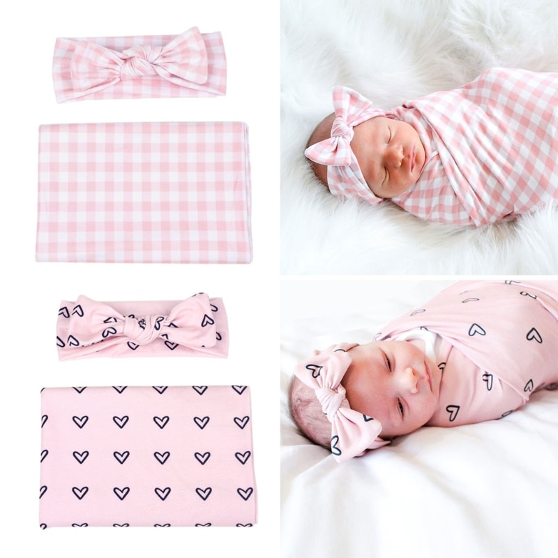 Infant Muslin Swaddle Wrap Baby Receiving Blanket Headband Set Newborn Sleeping Bag Hair Band Kit