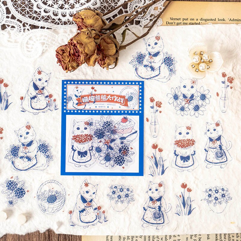 30 PCS PET Cute Cartoon Animal Cat Bear Coffee Decorative Stickers for Scrapbooking DIY Art Crafts Journaling Supplies