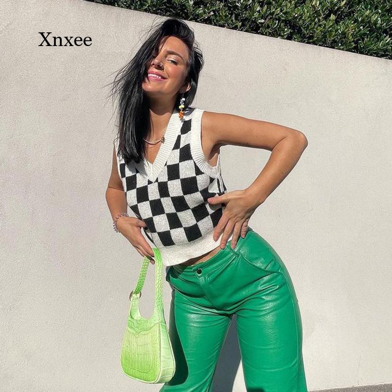Printed Crop Tops Women Sweater Vest Preppy Style Girls Sleeveless Knitting Slim V Neck Lady Top Streetwear Y2K Clthing Tank