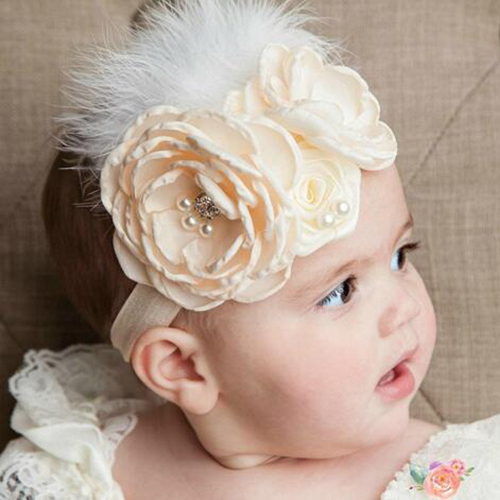 Baby Roasted Flower Headband Diamond Feather Headband for Newborn Birthday Photo Props Headwrap Infant Hair Flowers BebeTurban