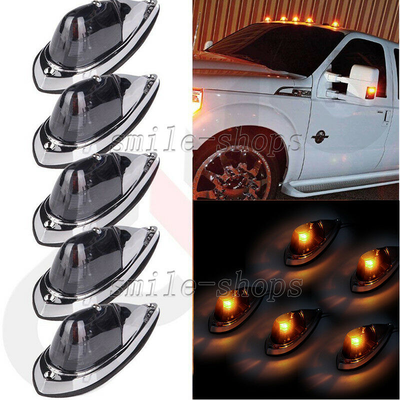 5Pc Universal Teardrop Style Smoke Cab Roof Clearance Marker Light Kit For Truck