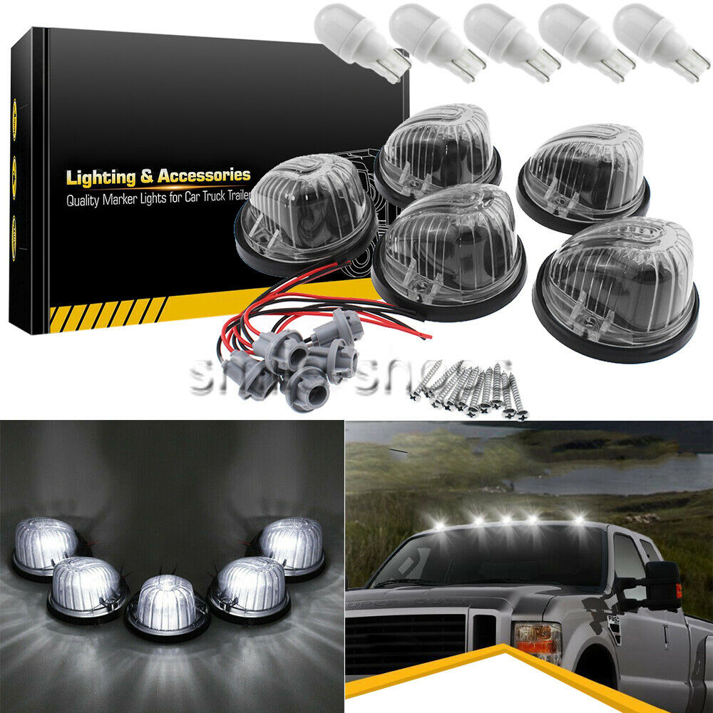 5Pcs Round Cab Roof Marker Light Smoke Cover + T10 White Led For 73-87 Chevy/Gmc