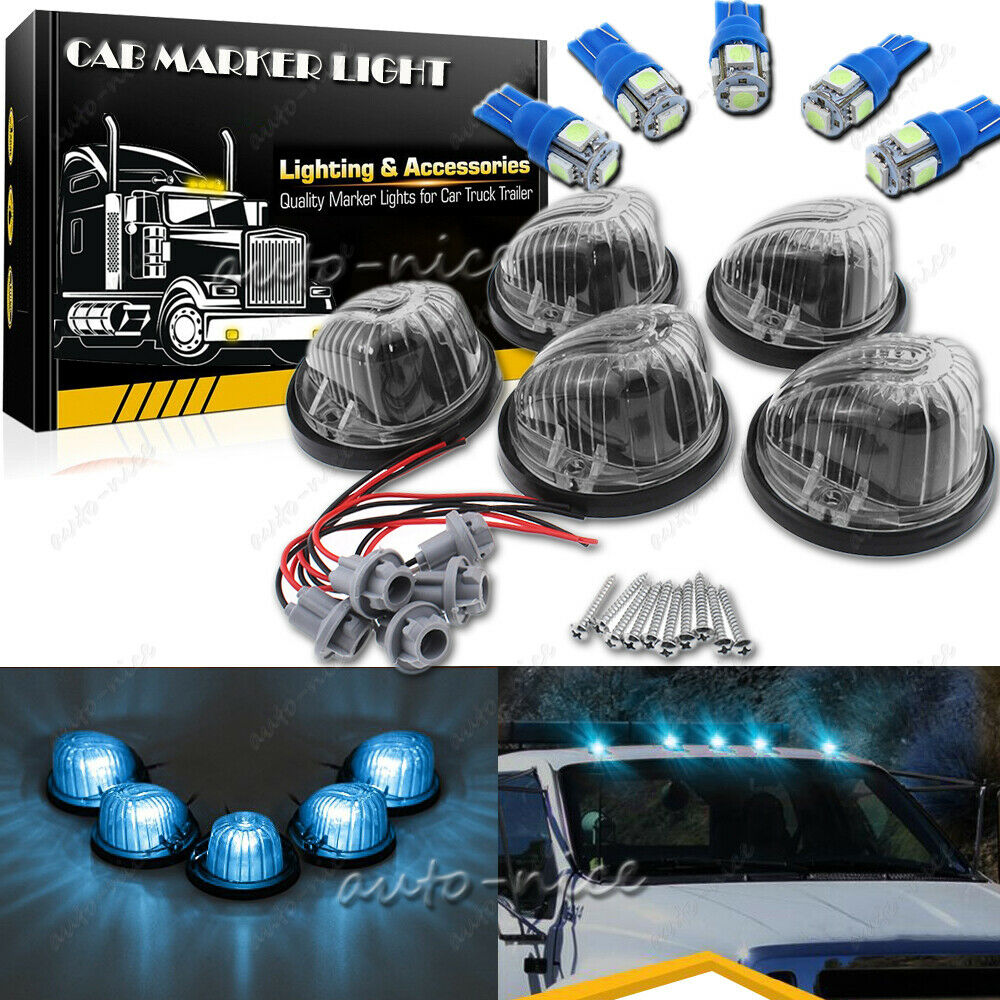 5X Smoke Cover Lens Cab Roof Marker Light Kit Ice Blue For 73-87 Chevy Gmc C/K
